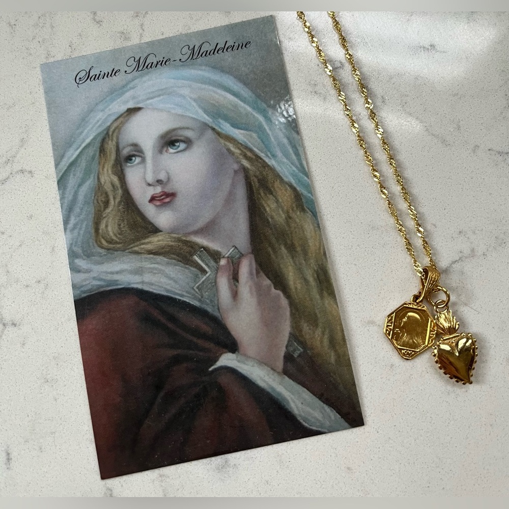Vintage French Saint Mary Magdalene Medal Sacred Heart Charm Pendant Jewlery